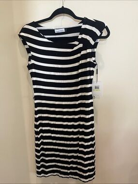 Calvin Klein Black & White Striped Midi Dress with Teal Belt